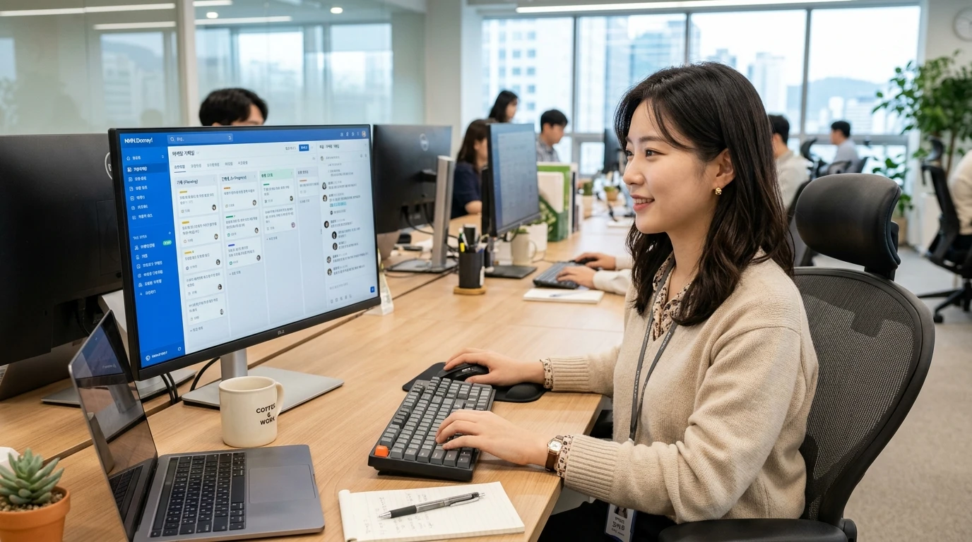 오픈 오피스에서 젊은 직장인이 대형 모니터로 협업 툴을 사용하며 업무를 효율적으로 처리하는 현대 사무실 풍경, 밝고 전문적인 분위기.