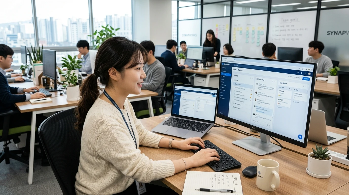 사무실에서 여러 명의 직장인이 컴퓨터로 협업 프로젝트를 진행하며, 밝고 현대적인 오픈 오피스 환경이 활기차게 연출된 모습.