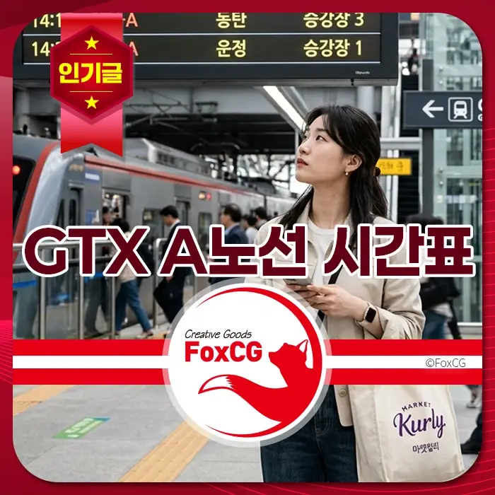 GTX A노선 지하철역에서 스마트폰을 들고 시간표를 확인하는 여성과 전광판, 출근길 직장인들로 북적이는 현대적 분위기.