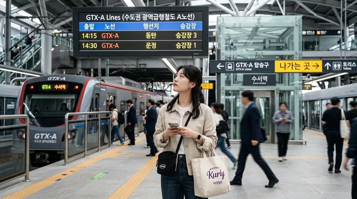 GTX-A 수서역 플랫폼에서 스마트폰을 들고 전광판을 바라보는 여성과 분주하게 이동하는 승객들, 현대적 지하철역 분위기 묘사