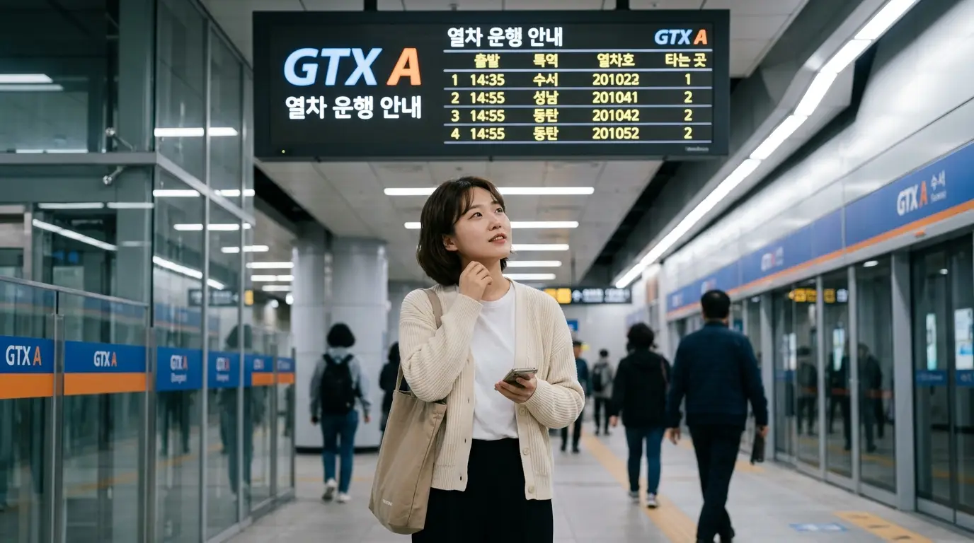 GTX A 노선 지하철역에서 스마트폰을 들고 안내판을 바라보는 여성, 현대적 지하철 분위기와 출퇴근길 풍경 묘사