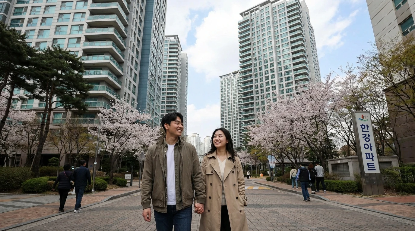 아파트 단지 내 벚꽃이 만개한 봄날, 젊은 커플이 손을 잡고 산책하며 미소 짓는 모습이 도심 고층 주상복합 건물 사이에 어우러져 있다.
