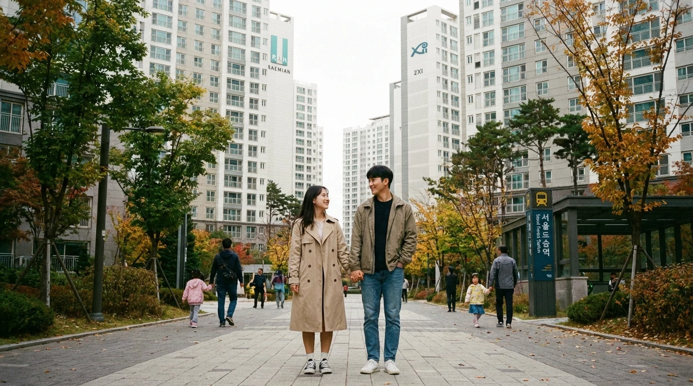 아파트 단지 가을 산책로에서 커플이 손을 잡고 웃으며 걷고, 가족과 아이들이 어울려 따뜻한 분위기를 자아내는 도심 일상 풍경