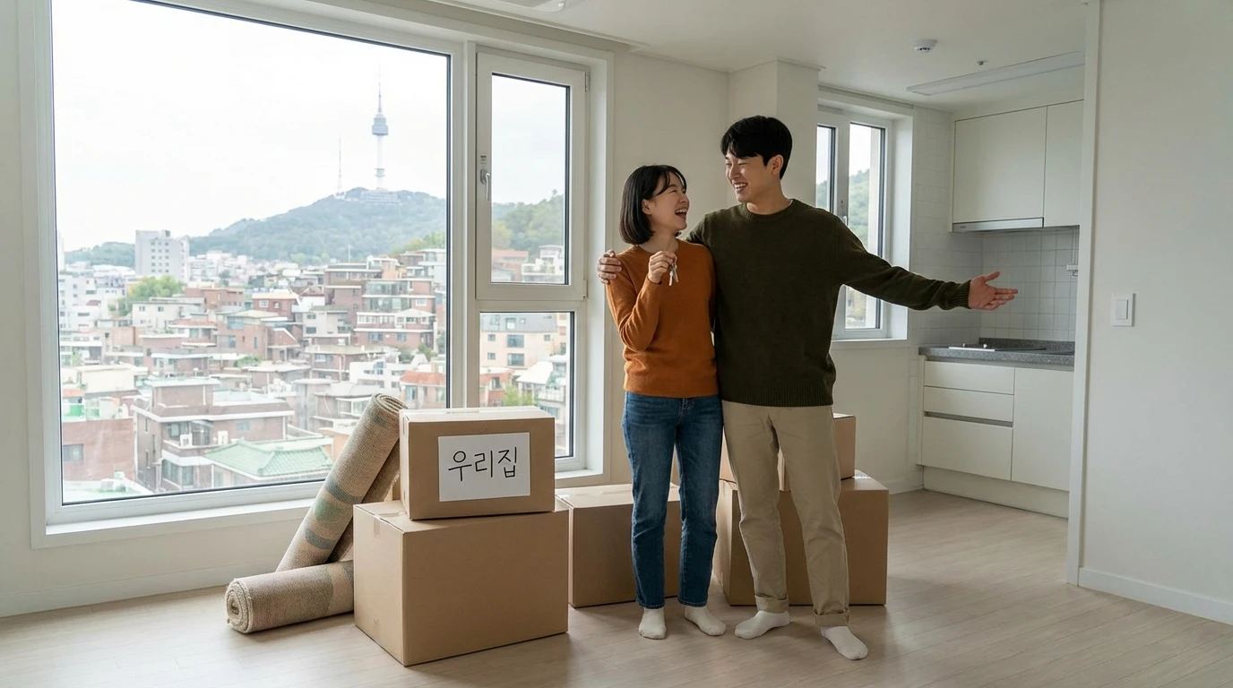 신혼부부가 새 아파트 거실에서 입주 이삿날 포장 박스와 함께 행복하게 웃으며 도시 전망을 배경으로 새로운 시작을 기념하는 모습