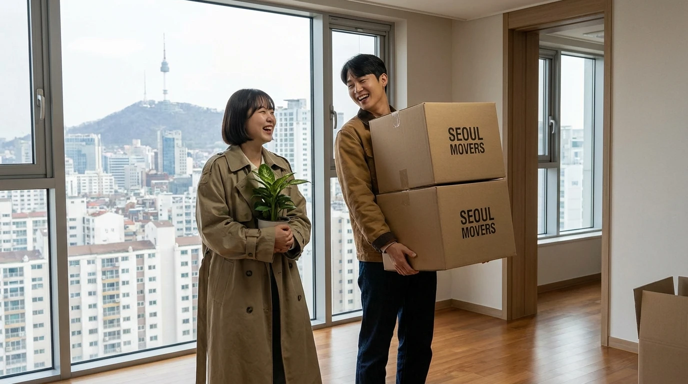 이사 상자와 화분을 들고 미소 짓는 젊은 부부가 남산타워가 보이는 서울 신축 아파트에 입주하는 순간.
