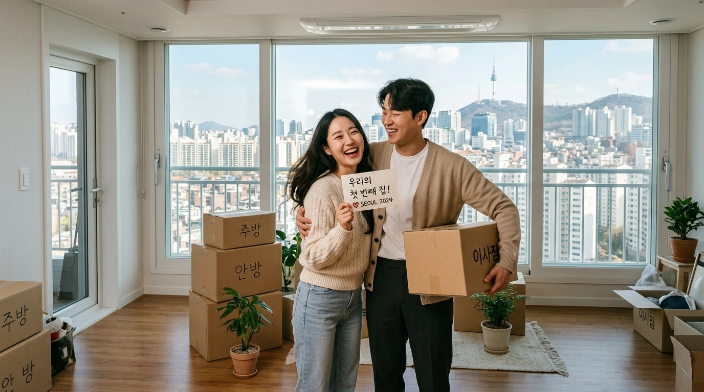 신혼부부가 서울 아파트 이사 첫날, 환하게 웃으며 상자와 화분을 들고 행복한 새집 입주를 기뻐하는 모습.