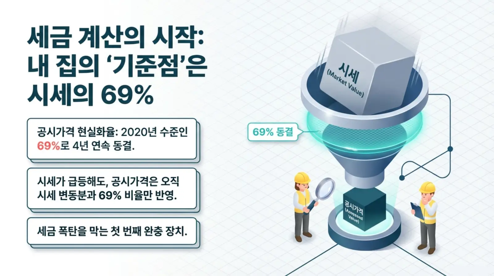 공시가격 산정 방식 설명, 시장가치의 69%만 반영, 만화 스타일 줄자와 인부들 등장.
