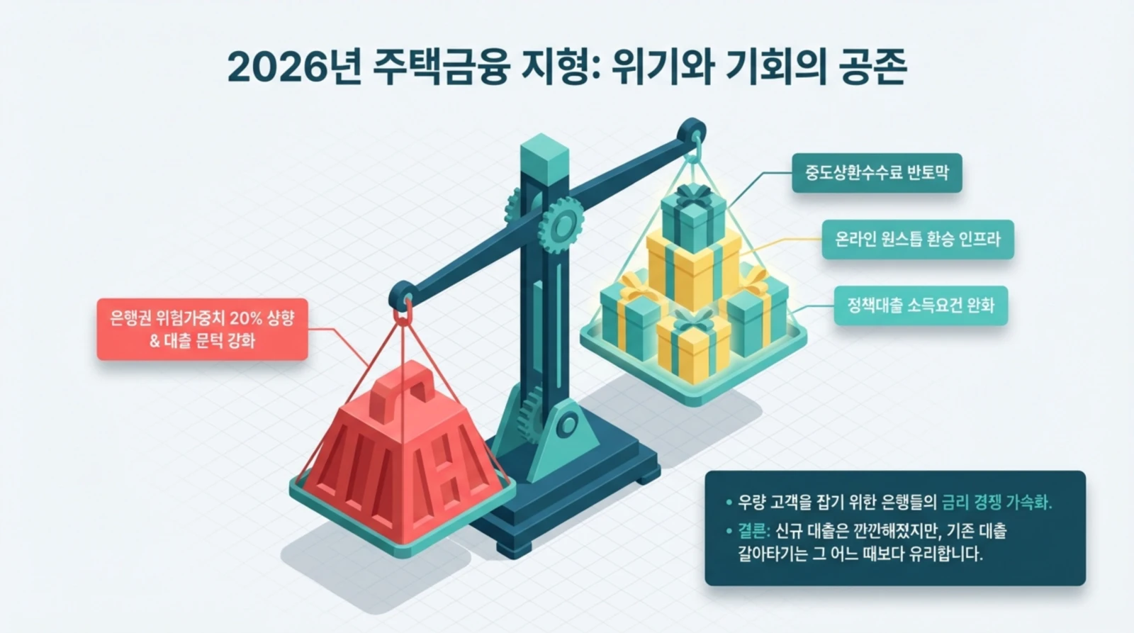 2026년 주택금융의 위기와 기회, 무게추가 달린 저울 그림, 위험가중치와 대출 문턱 강화, 새로운 인프라와 정책완화 항목 표시.