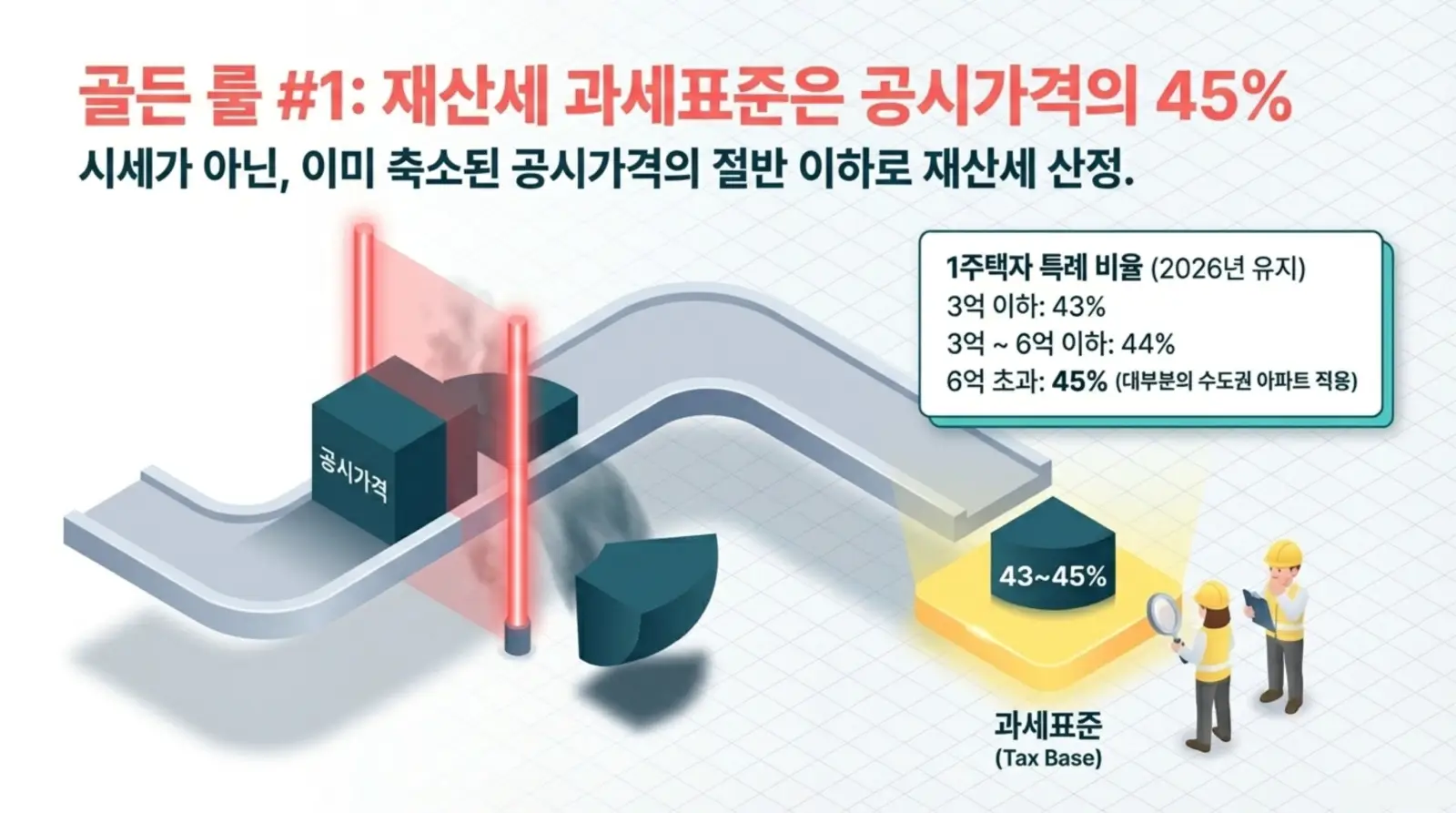 재산세 과세표준이 공시가격의 45%임을 설명하는 인포그래픽, 계산 과정과 헬멧 쓴 두 사람이 확인하는 모습.
