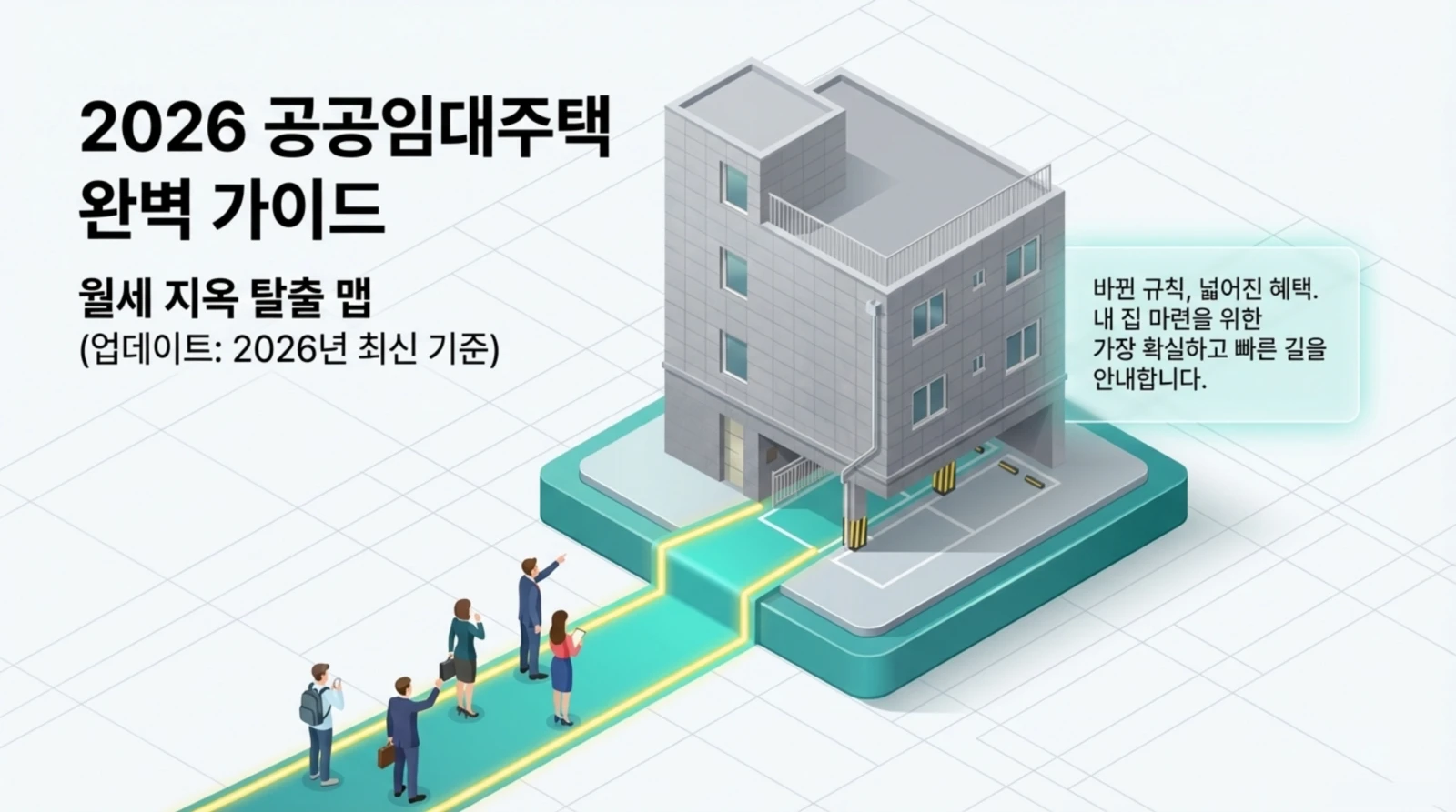 2026년 공공임대주택 완벽 가이드, 사람들이 집을 향해 걷고 있는 3D 일러스트 이미지.