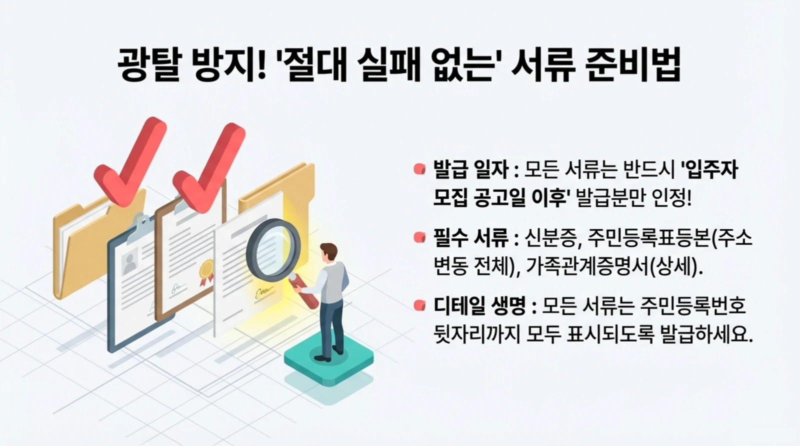 서류 준비법 안내, 체크표시된 서류 그림과 남성이 서류를 확인, 발급일자·필수서류·디테일 설명에 관한 설명문.