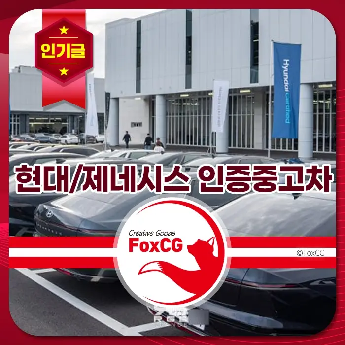 현대자동차와 제네시스 인증중고차가 주차장에 정렬되어 있으며, 인기 매물로 표시된 대형 전시장 외관이 돋보이는 모습.