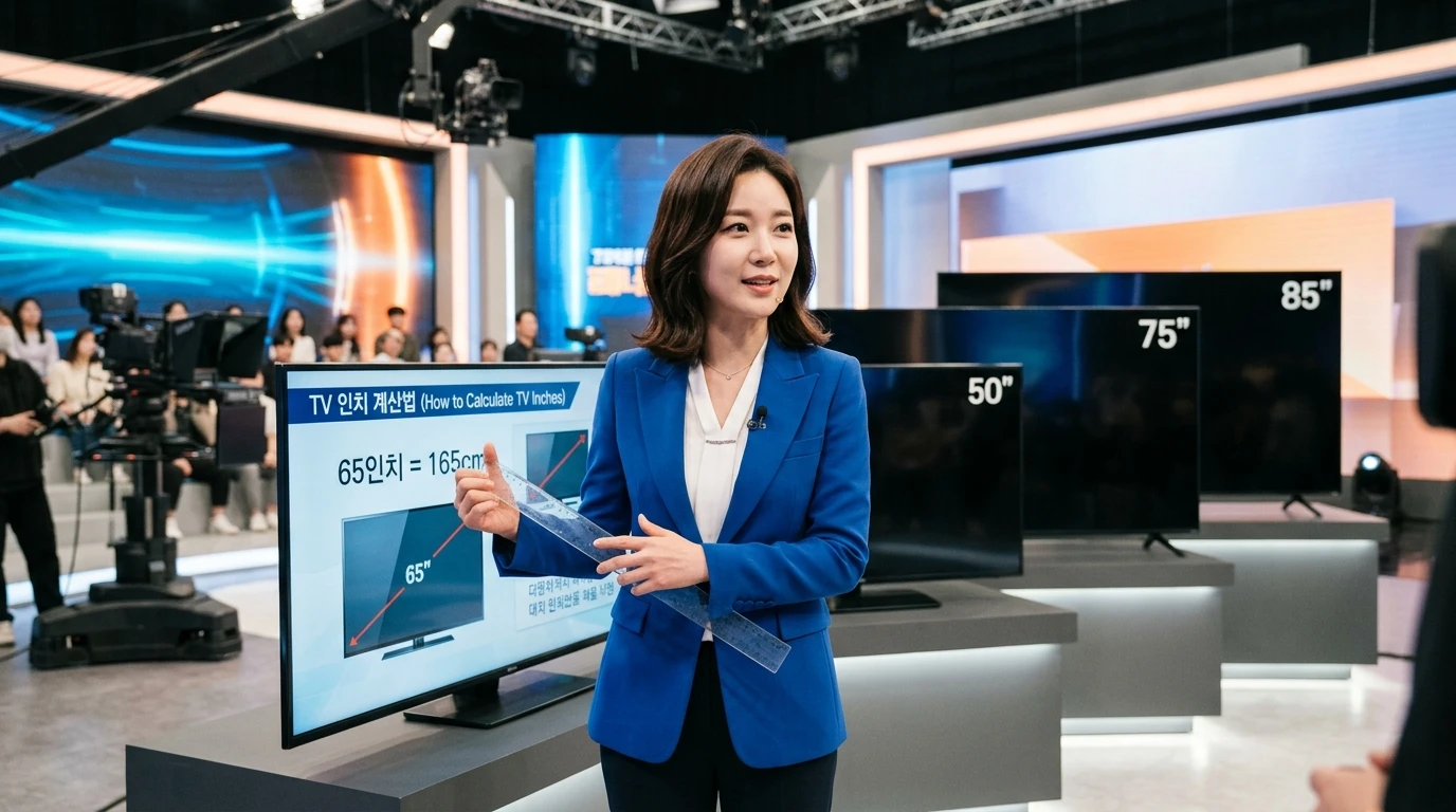 방송 스튜디오에서 여성 진행자가 파란 정장을 입고 다양한 크기의 TV와 인치 계산 방법을 설명하며 관객 앞에서 프레젠테이션을 하고 있다.