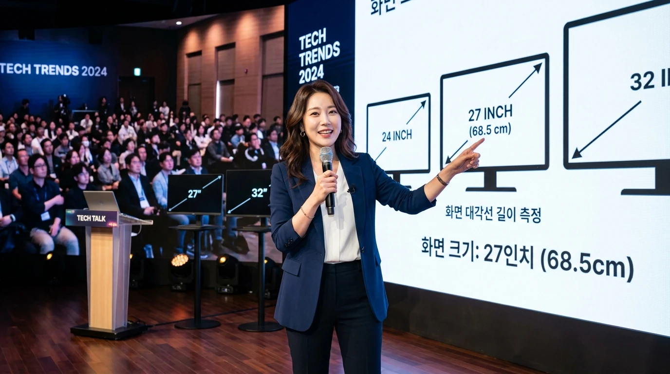 tech 트렌드 2024 컨퍼런스에서 진행자가 대형 스크린 앞에서 27인치 모니터 특징을 설명하며 청중과 소통하는 현대 테크 세미나 현장
