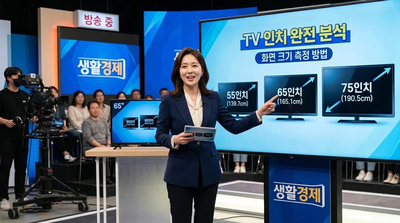 방송 스튜디오에서 경제 프로그램 진행자가 대형 스크린으로 TV 인치와 화면 크기 측정법을 설명하며, 관객과 카메라 촬영진이 함께 있는 활기찬 현장.