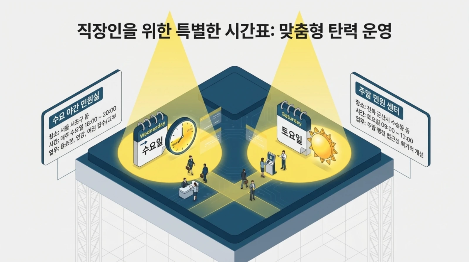직장인을 위한 맞춤형 탄력 근무제 시각화, 수요일 야간 민원실과 토요일 주말 민원센터 운영 정보, 시민들이 민원서비스를 이용하는 장면 묘사