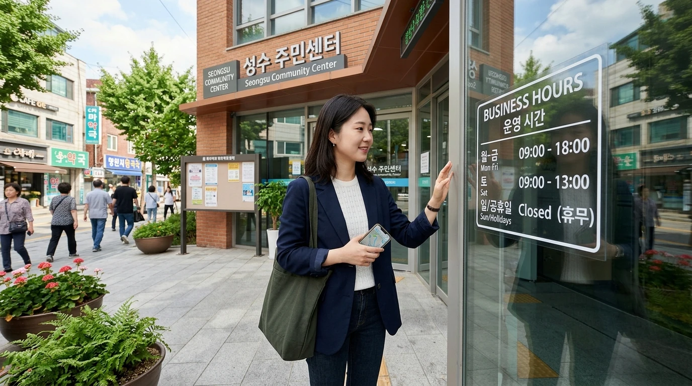 성수 주민센터 앞에서 운영 시간을 확인하며 입장하려는 여성, 길거리에 시민들과 녹색 식물이 어우러진 활기찬 도심 풍경이 펼쳐짐.