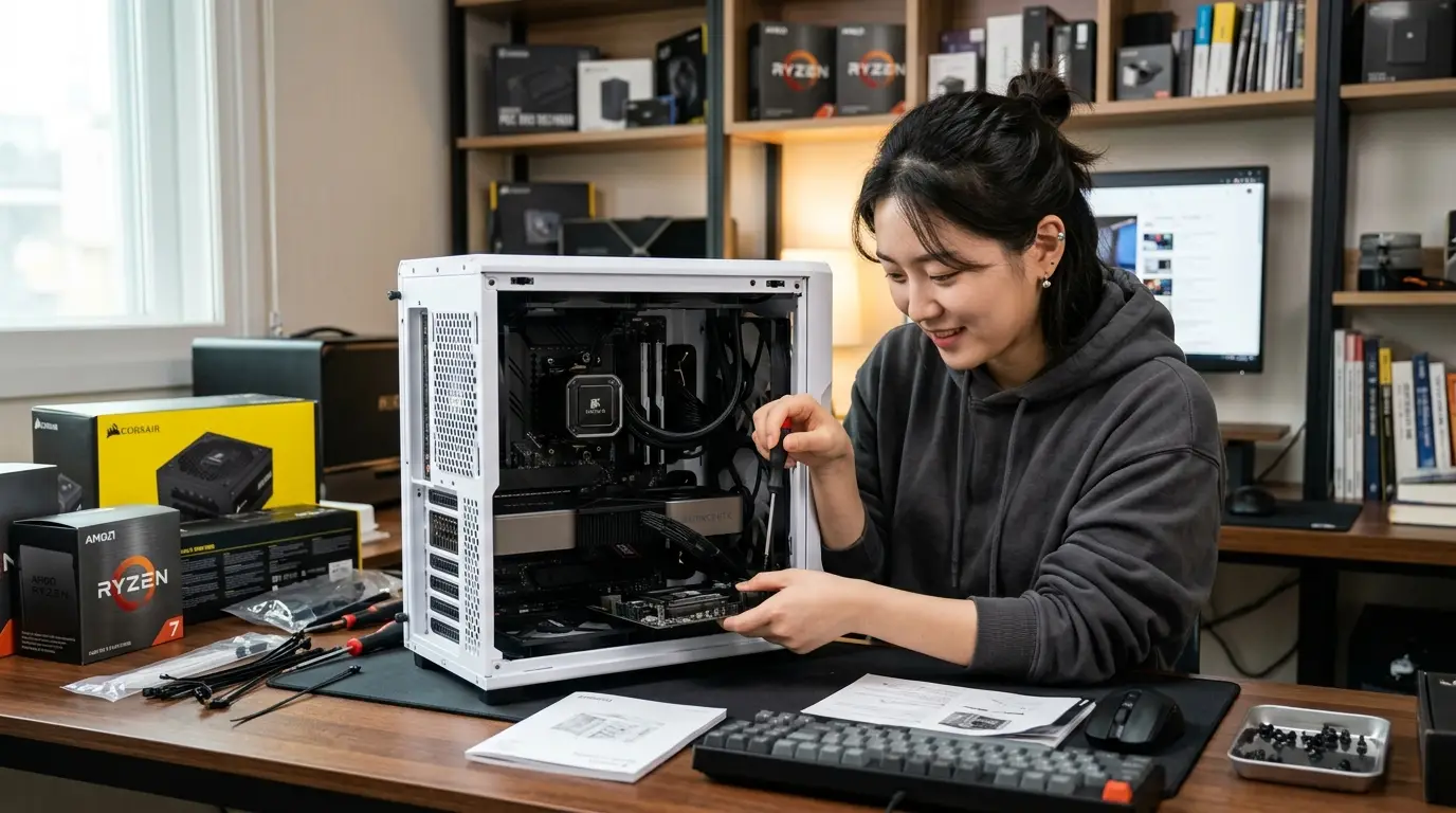 컴퓨터 조립 부품과 설명서를 책상 위에 두고 흰색 케이스에 PC 조립을 집중하는 여성, 최신 라이젠 CPU와 부품 박스가 보임.