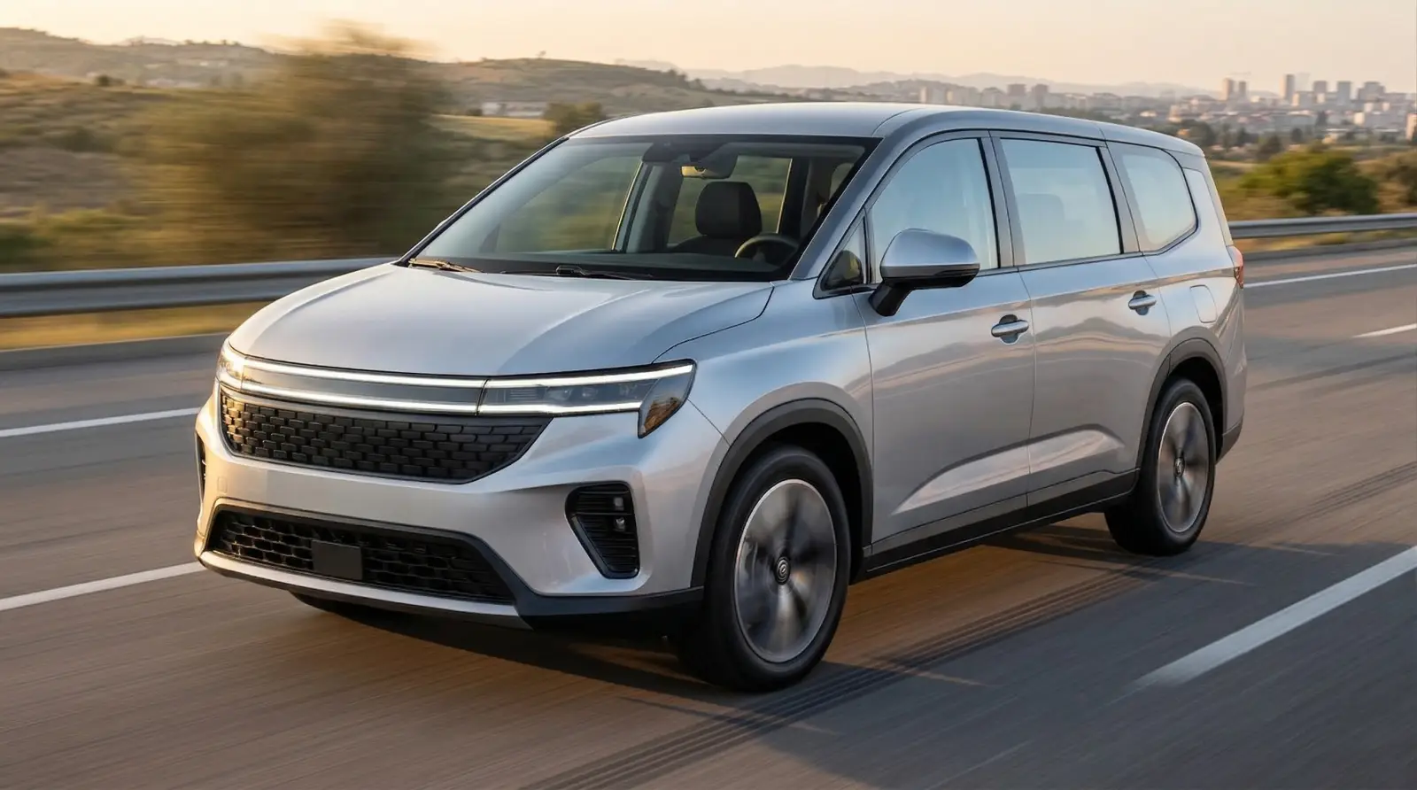 은색 신형 미니밴이 햇살 아래 고속도로를 달리며, 도심과 자연 배경이 조화를 이루는 역동적이고 현대적인 자동차 주행 장면.