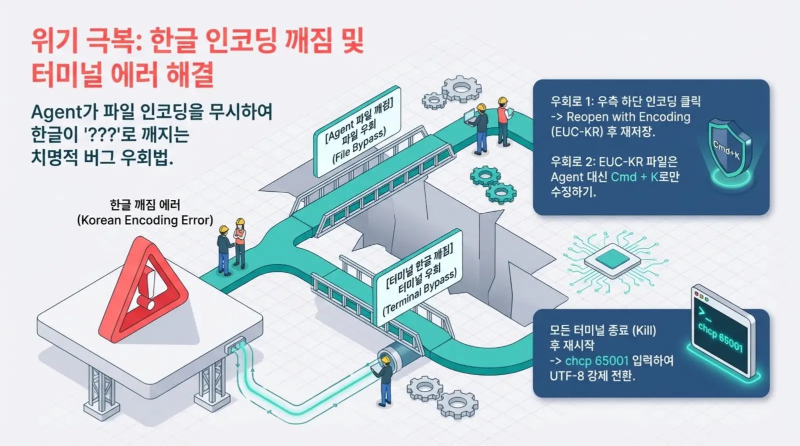 한글 인코딩 깨짐, 터미널 에러 해결법을 인포그래픽으로 설명하며, 컴퓨터, 엔지니어, 우회 방법, 경고 아이콘, 명령어 등이 등장함.