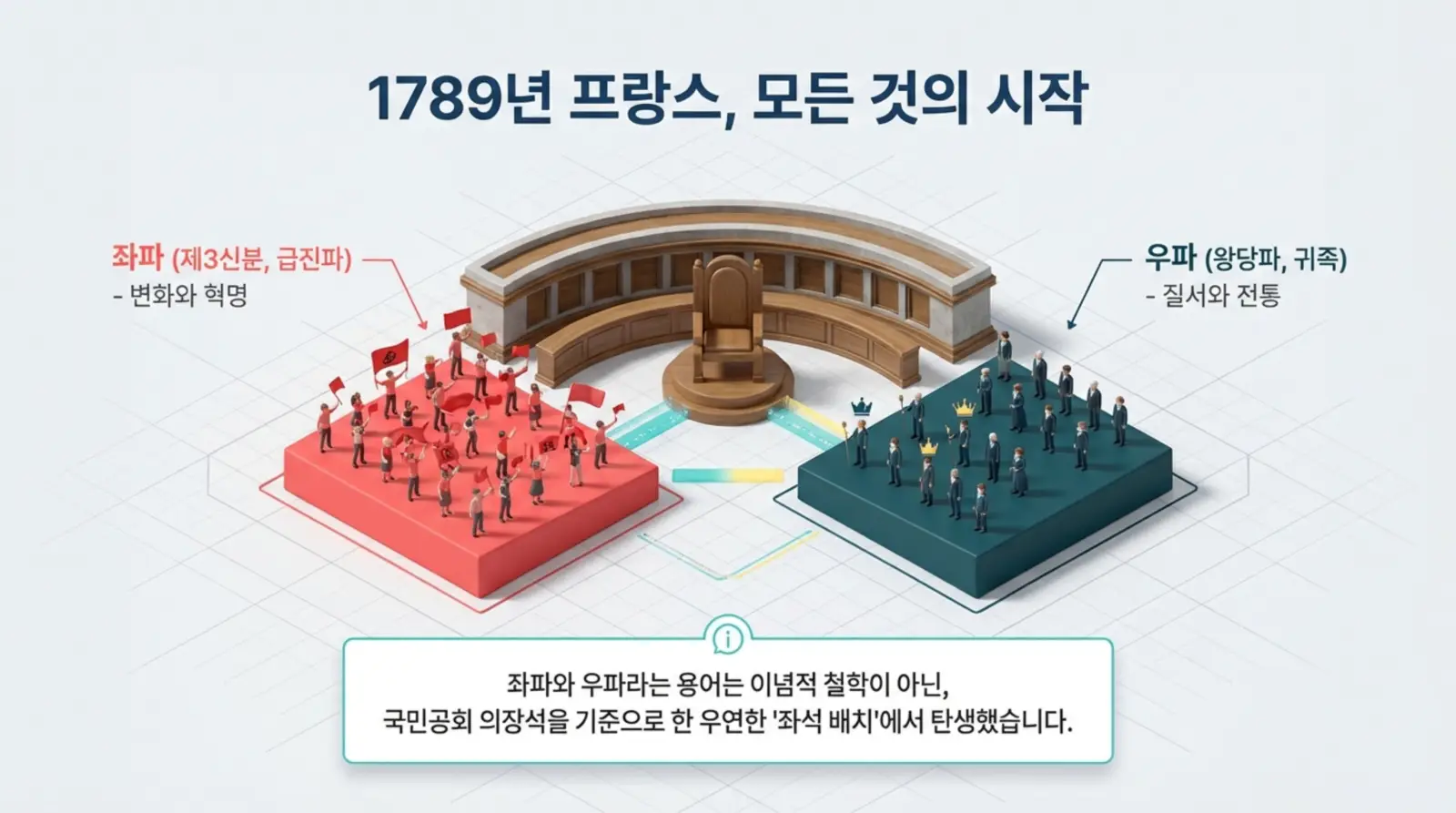 프랑스 혁명, 좌파와 우파의 기원, 국민공회 의장석, 변화와 질서 상징, 빨간색과 파란색 집단이 맞서 있는 장면 묘사