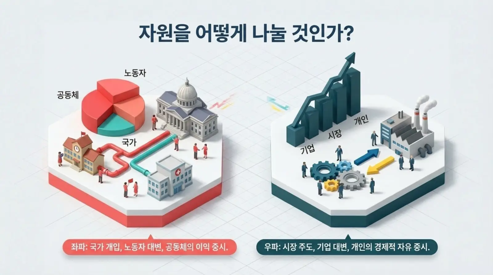 핵심 키워드: 자원 배분, 국가, 시장, 노동자, 기업 좌파는 국가와 공동체 중심 자원 분배, 우파는 시장 중심 기업과 개인의 경제적 자유 강조를 시각화한 경제 개념 비교 인포그래픽.