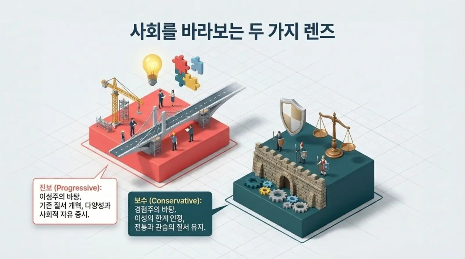 진보와 보수 두 가지 사회관, 붉은색 진보 영역엔 다리·크레인·전구·퍼즐, 보수 영역엔 성벽·방패·저울·톱니바퀴, 상징적 인물들 등장