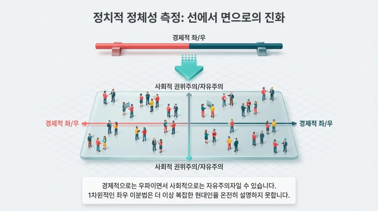 정치적 정체성, 경제적 좌우, 사회적 권위주의와 자유주의를 2차원 평면에 다양한 사람들이 분포한 인포그래픽 형태로 설명합니다.