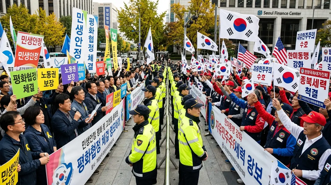키워드: 시위, 노동권, 평화협정, 태극기, 경찰 서울 도심에서 경찰이 양측을 사이에 두고 평화협정 체결과 노동권 보장 요구 시위대, 자유민주주의 수호 집회가 대치하는 현장