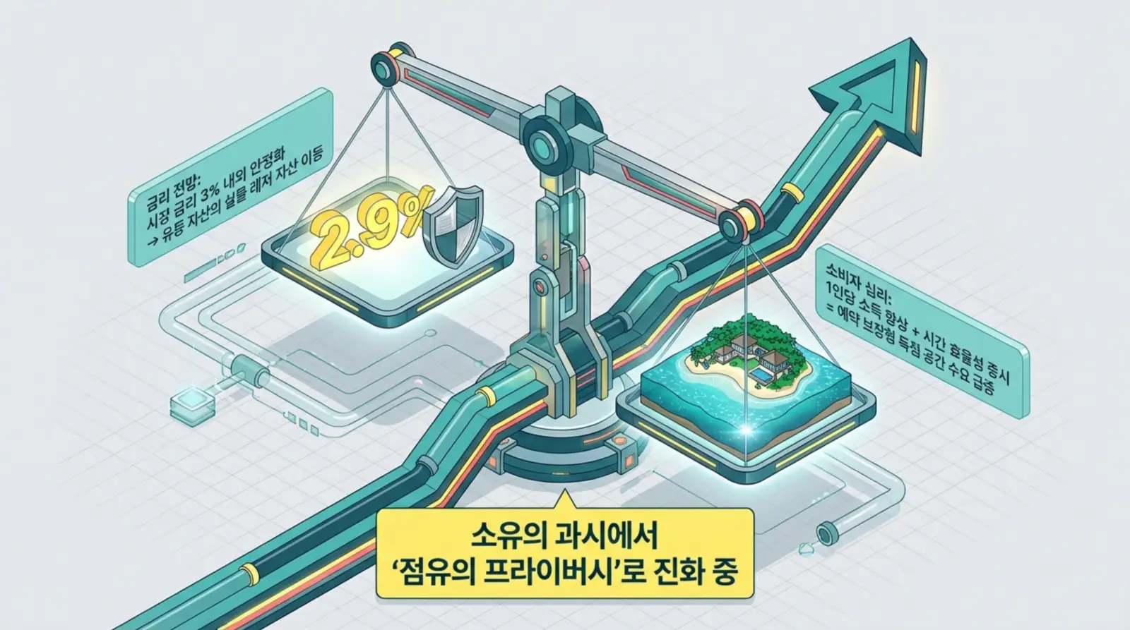 금리 2.9% 수치와 프라이버시가 강조된 섬 그림, 그래프 화살표로 진화 흐름을 표현하며 자산 이동과 소비자 심리 변화 강조.