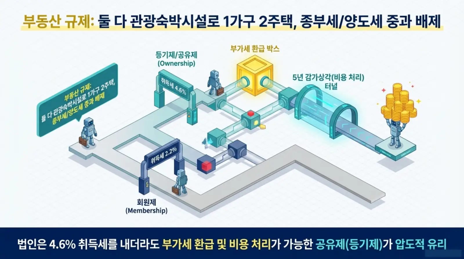 부동산 규제, 취득세, 등기제, 부가세 환급, 감가상각 등 키워드를 강조한 로봇 캐릭터와 코인, 단계별 절차를 설명하는 인포그래픽.