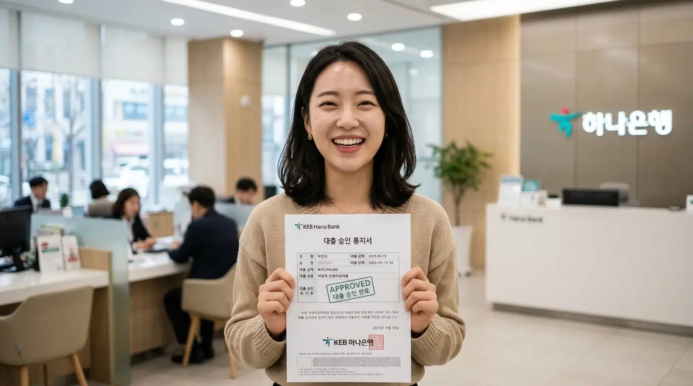 한 여자 직원이 은행 로비에서 대출 승인서를 들고 웃으며 서 있다.