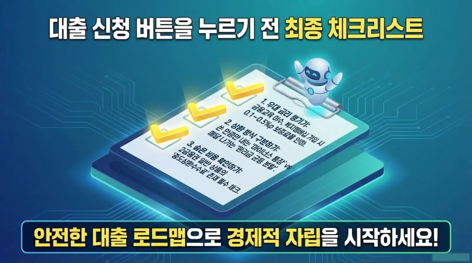 로봇과 체크리스트가 있는 대출 신청 전 점검 안내 이미지, 안전한 대출 로드맵 시작을 독려하는 문구 포함.