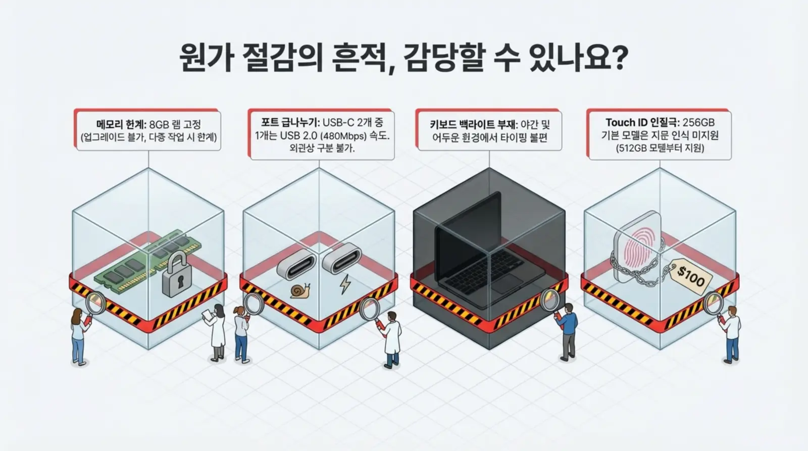 8GB 램 고정, USB-C 포트 속도 차이, 키보드 백라이트 부재, Touch ID 미지원 등 노트북 원가 절감 한계점과 단점이 만화 형식으로 설명된 그래픽.