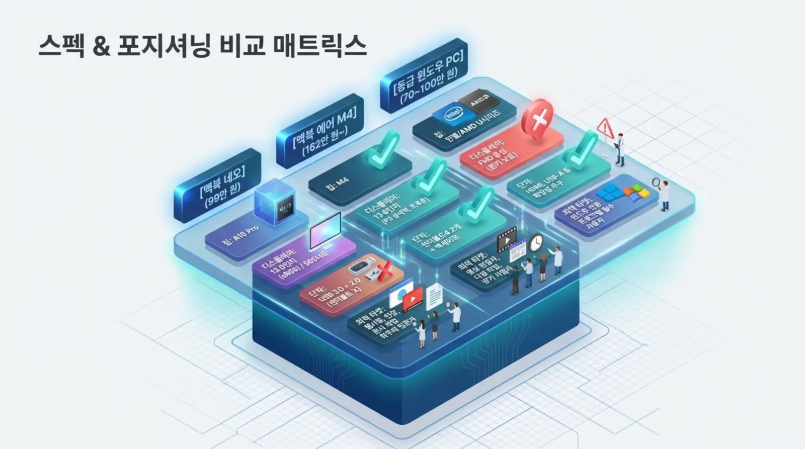 스펙, 포지셔닝, 맥북 네오, 맥북 에어, 윈도우 PC 비교 매트릭스와 다양한 아이콘, 사람들로 구성된 IT 제품 성능비교 인포그래픽