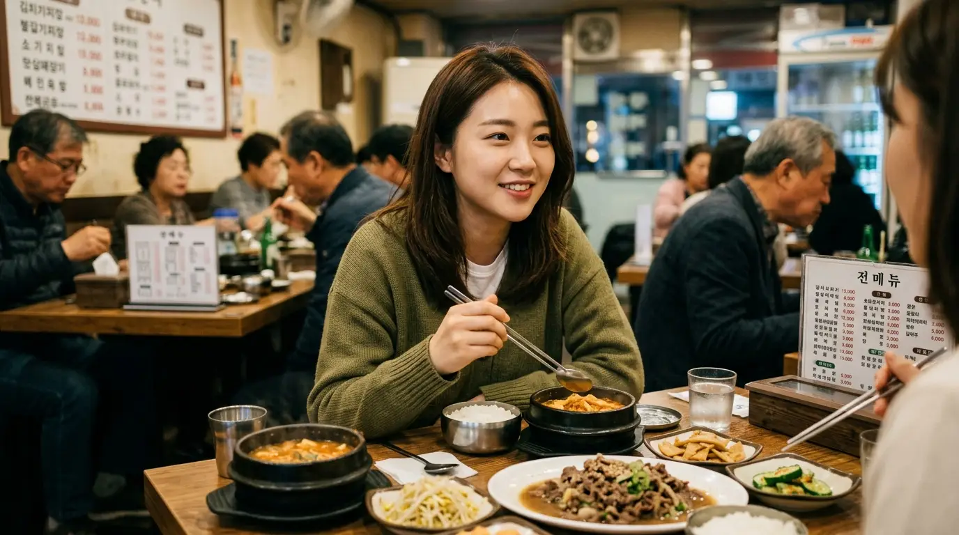 한식당에서 젊은 여성이 따뜻한 한식 반찬과 불고기, 국밥을 앞에 두고 친구와 밝게 대화하며 즐겁게 식사하는 모습이 포착됨.