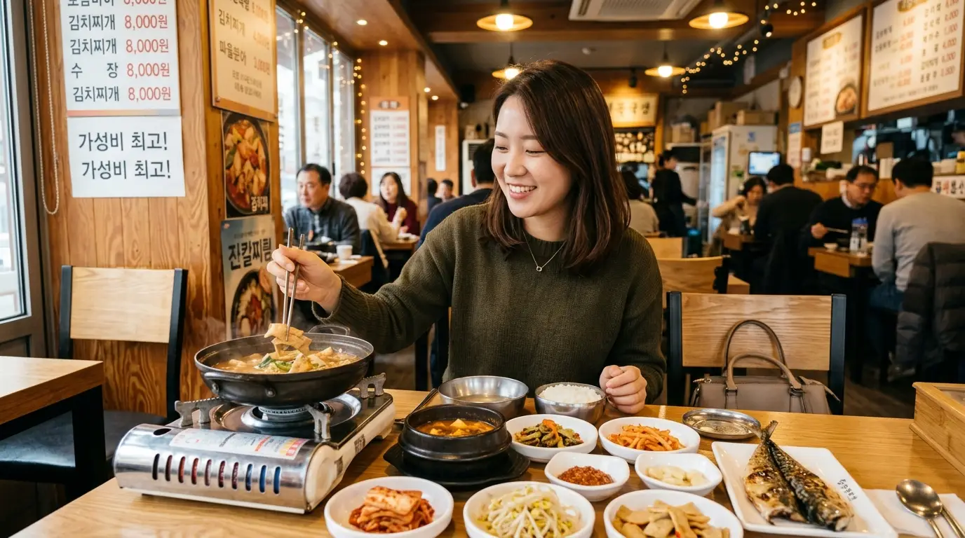 한식당에서 젊은 여성이 다양한 한식 반찬과 구이 생선을 앞에 두고 따뜻한 찌개를 먹으며 즐겁게 식사하는 모습, 한국 음식 분위기