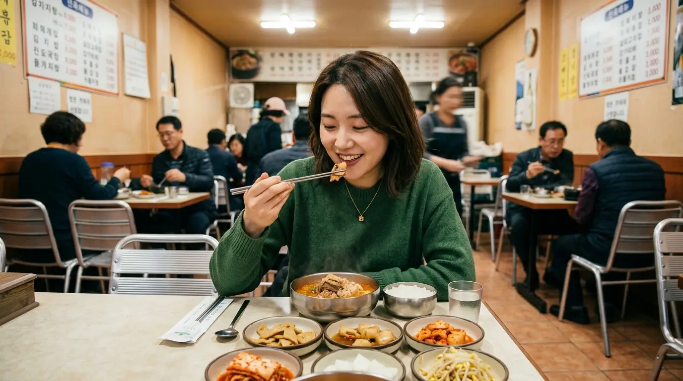 전통 한식당에서 다양한 반찬과 국밥을 앞에 두고 젊은 여성이 젓가락으로 음식을 맛있게 먹는 따뜻하고 활기찬 분위기