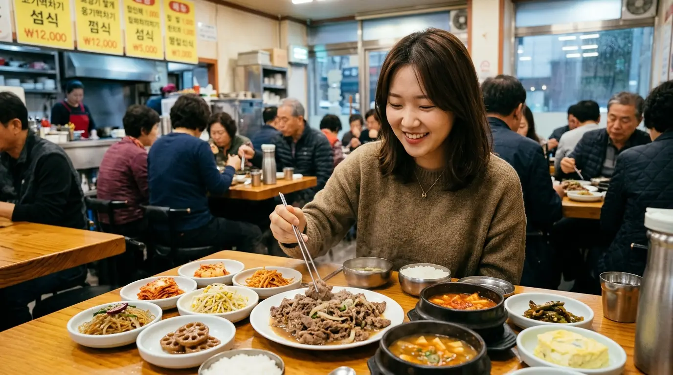 불고기와 다양한 한식 반찬을 앞에 두고 한식당에서 식사하며 웃고 있는 젊은 여성, 따뜻하고 정겨운 분위기