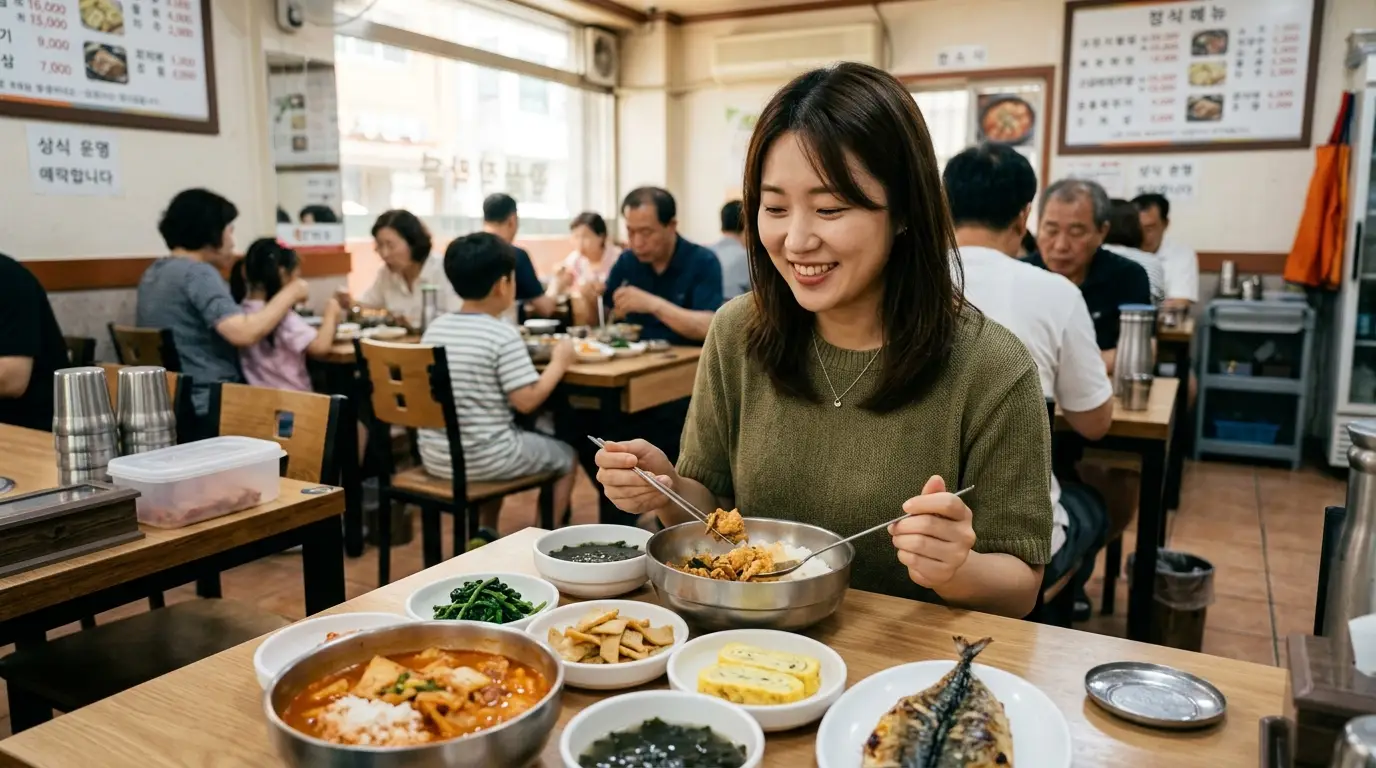 여성 한 명이 한식 식당에서 다양한 반찬과 생선구이, 국, 밥이 있는 한상을 앞에 두고 즐겁게 식사하는 모습