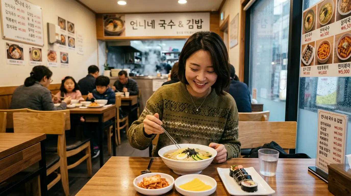 국수와 김밥을 앞에 두고 미소짓는 여성이 한국식당에서 따뜻한 분위기 속에 한식을 즐기는 모습, 메뉴판과 손님들로 북적이는 실내.
