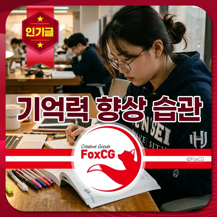 도서관에서 연세대 후드티를 입은 여성이 집중해서 책을 읽고 필기하며 공부 습관과 기억력 향상을 실천하는 모습