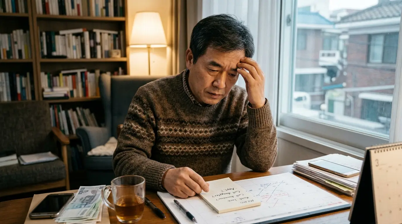 고민하는 중년 남성이 겨울 스웨터를 입고 책상에서 가계부와 서류를 보며 경제적 문제를 걱정하는 모습, 따뜻한 실내 분위기