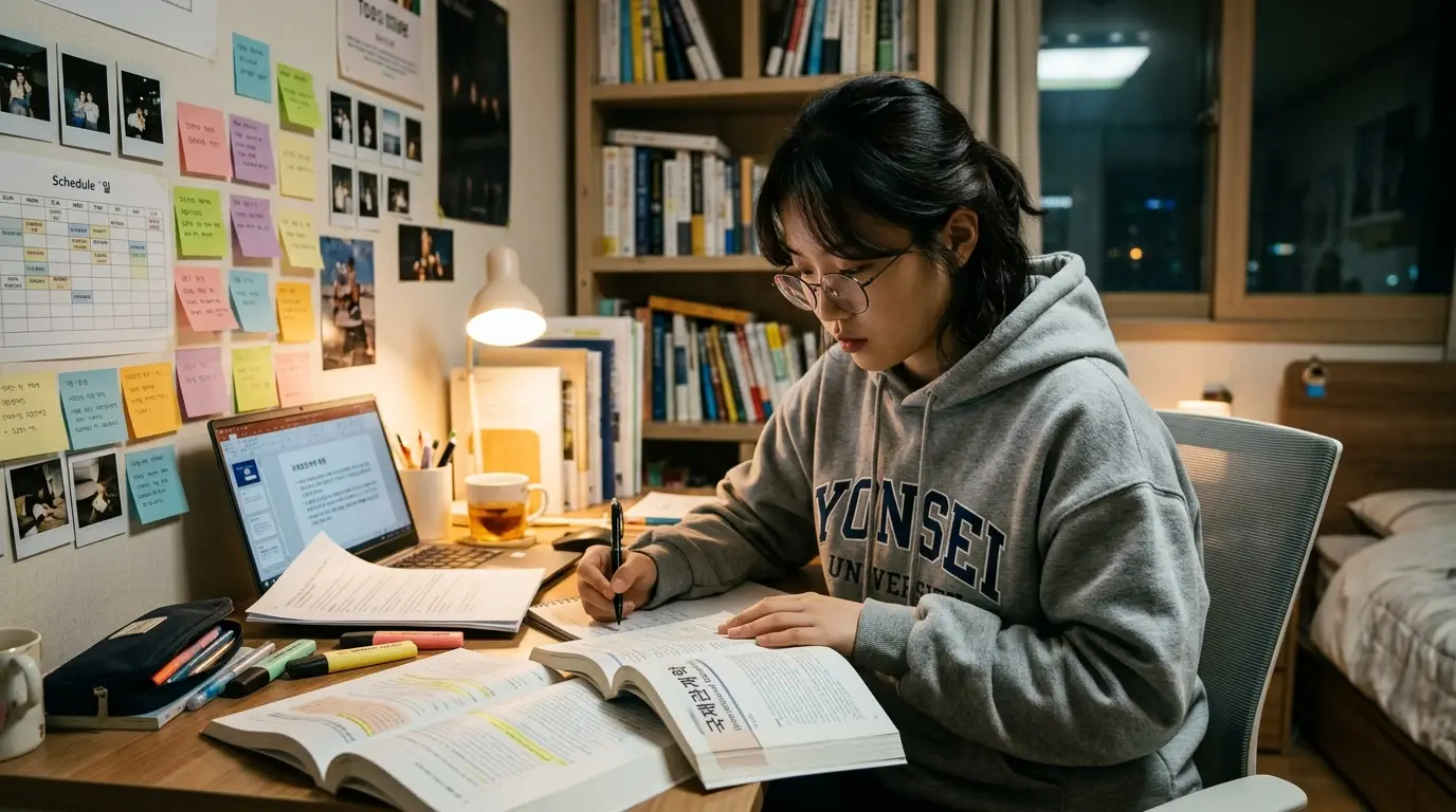 대학생이 공부방 책상에 앉아 전공책을 펼치고 집중해서 공부하며, 벽에는 포스트잇과 일정표, 모니터와 책, 형광펜이 정돈되어 있음.