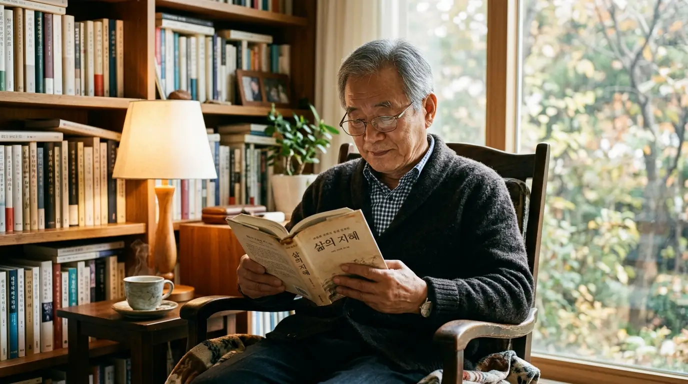 서재에서 편안하게 앉아 책을 읽는 노년 남성, 따뜻한 조명과 커피, 창밖 자연 풍경이 조화롭게 어우러진 독서 분위기