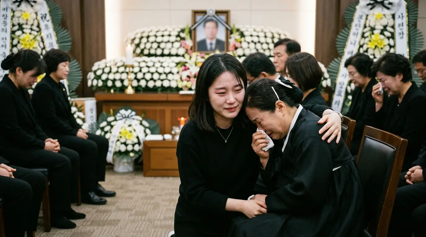 여러 사람이 검은 옷을 입고 장례식장에서 슬퍼하며 서로를 위로하고 있다. 배경에는 고인의 사진과 흰 꽃들이 놓여 있다.
