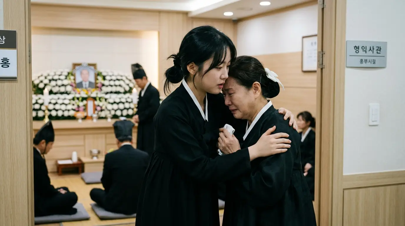 두 명의 여성이 검은 옷을 입고 조문실에서 서로를 위로하며 울고 있다.