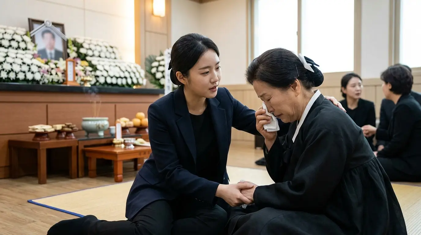 여성이 두 손을 맞잡고, 한 여성이 위로하며 울고 있는 장례식장 내부 모습.