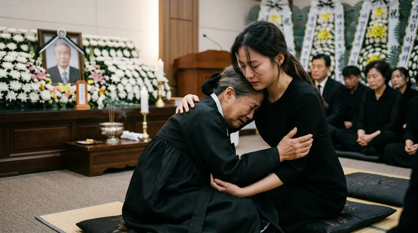 장례식장에서 검은 옷을 입은 두 여성이 서로를 안고 슬퍼하며 울고 있고, 뒤에는 영정사진과 하얀 꽃이 보인다.