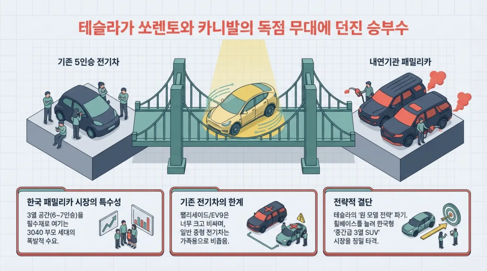 테슬라 전기차가 다리 위에 주목받는 가운데, 기존 전기차, 내연기관 가족 SUV, 한국 패밀리카 시장 특성과 전략적 시장 공략이 일러스트로 표현됨.